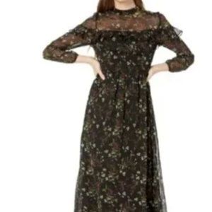 BB Dakota Dress Size 4 Jasmine Vine Printed Crinkle Floral Black Ruffle Sheer